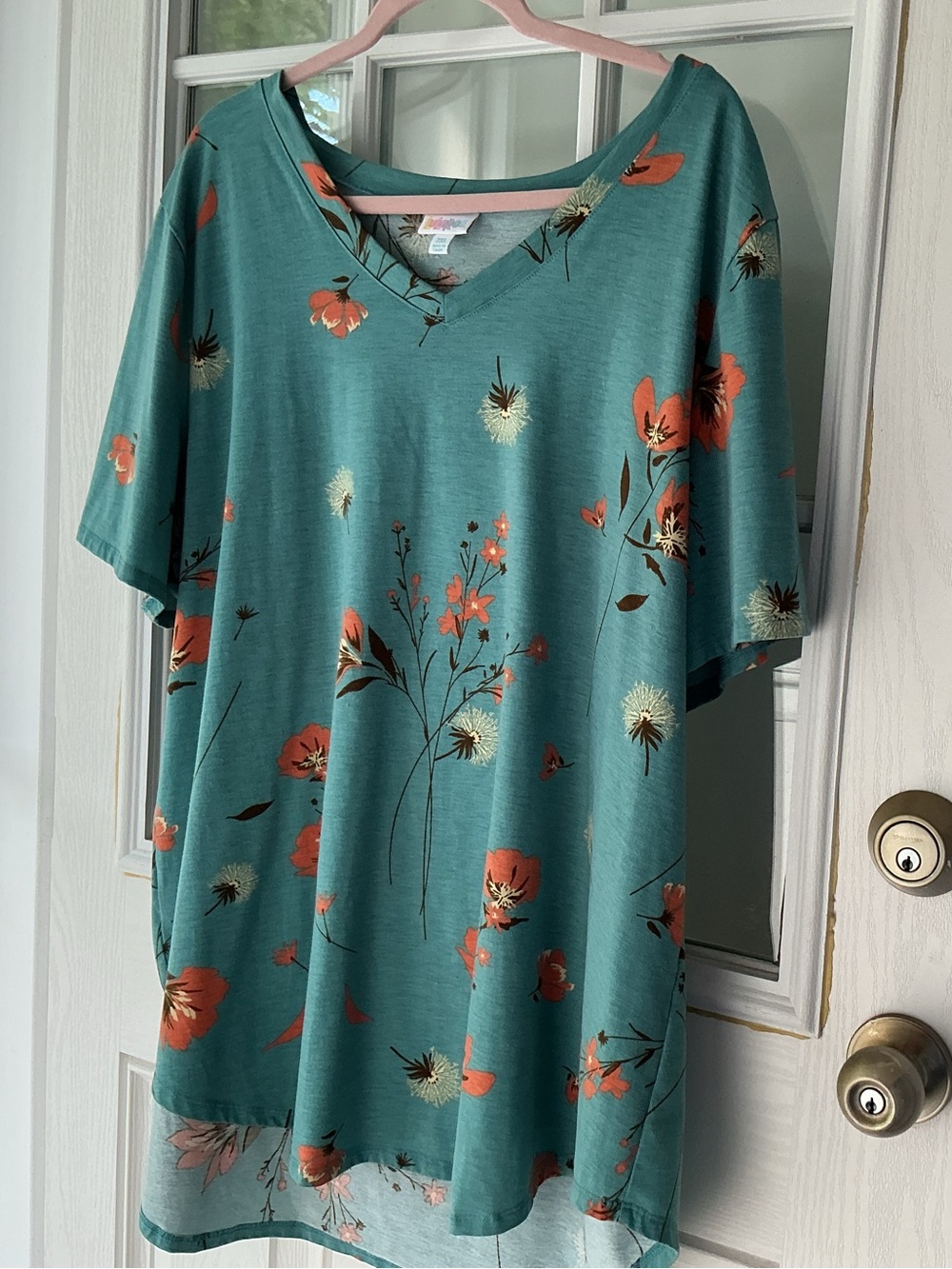 LuLaRoe Teal Floral V-Neck Tunic with Orange Blooms